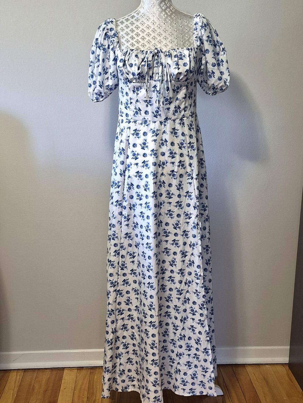 White and Blue Floral Maxi Dress with Puff Sleeves